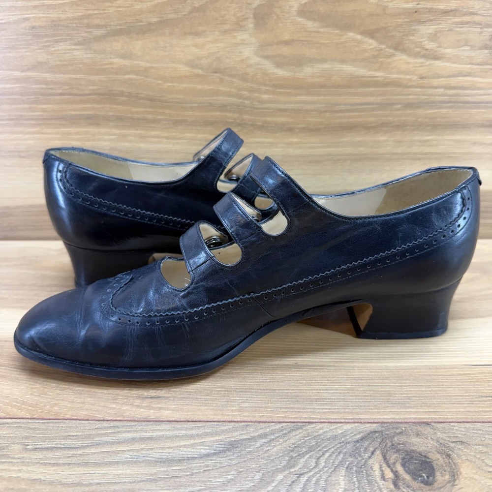 LIZ CLAIBORNE Vintage Victorian Mary Jane Pumps 9 M Black Leather Pinup Wingtip - Picture 6 of 11